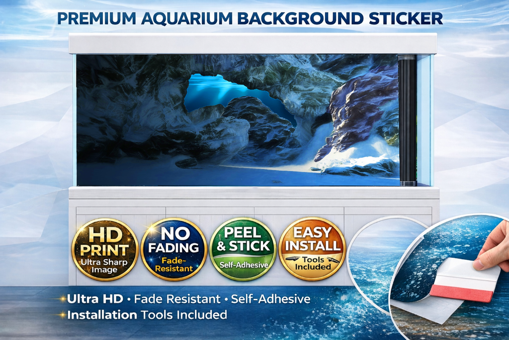 Frozen Crystal Cave aquarium background decal by Aquarium Backround Trung3D, featuring 3D icy cave and fish tank scenery.