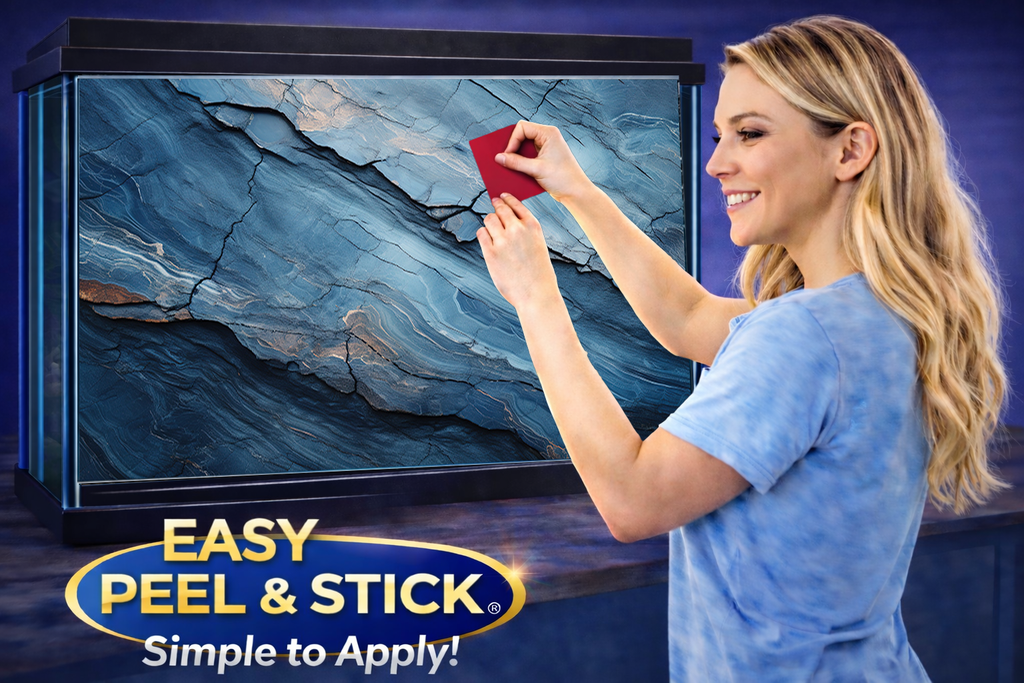 3D blue marble aquarium background decal featuring layered stone design, ideal for enhancing aquarium aesthetics.