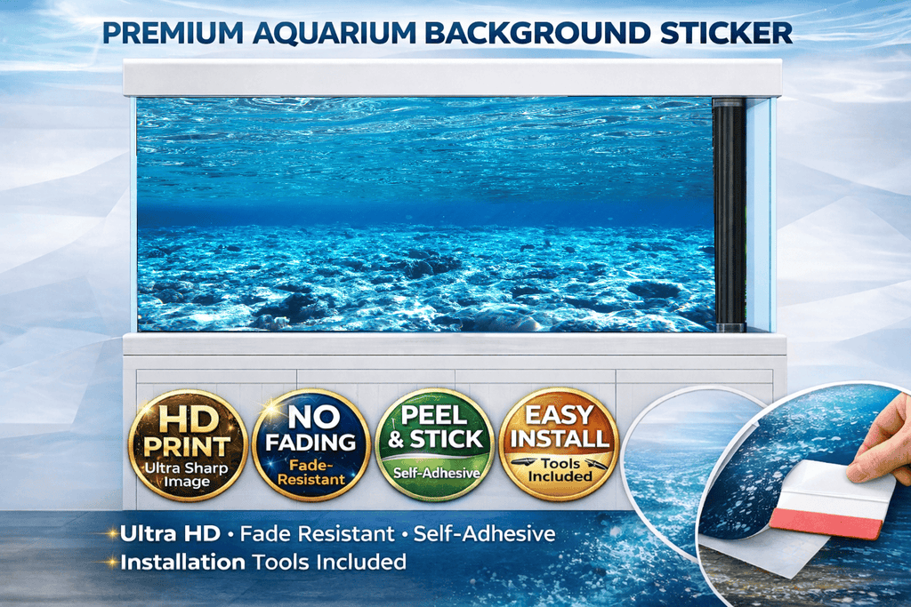 Bright blue aquarium background decal with underwater seabed and fish, designed for fish tanks by Aquarium Background Trung3D.