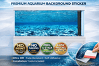 Bright blue aquarium background decal with underwater seabed and fish, designed for fish tanks by Aquarium Background Trung3D.
