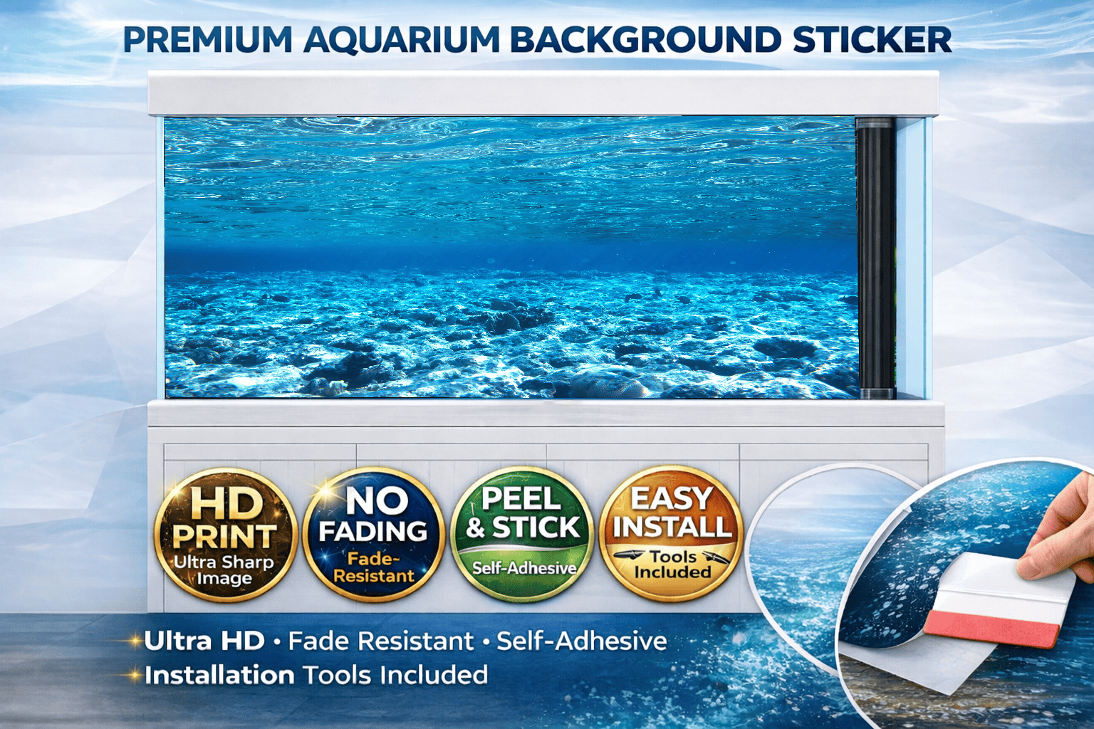Bright blue aquarium background decal with underwater seabed and fish, designed for fish tanks by Aquarium Background Trung3D.