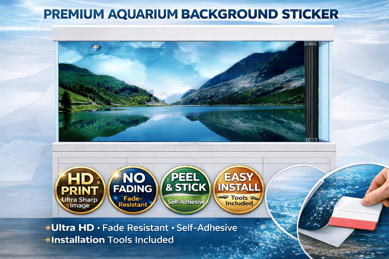 Fantasy mountain lake aquarium background decal by Aquarium Backround Trung3D, featuring a dreamy reflection and nature scene for fish tanks.