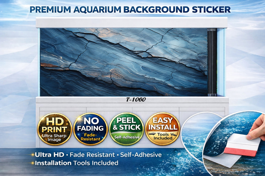 3D blue marble aquarium background decal featuring a layered stone design for a vibrant underwater backdrop.