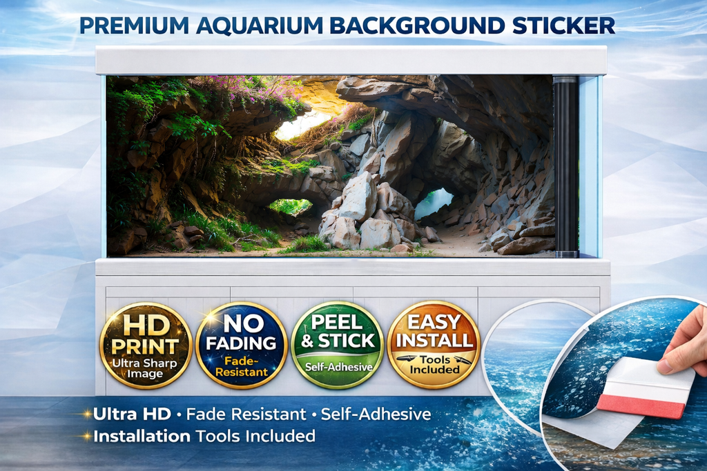 3D stone cave aquarium background decal by Trung3D, featuring realistic underwater rock formations for fish tanks.