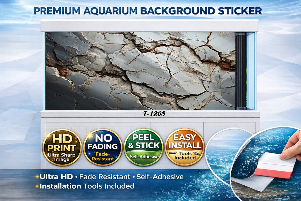 3D white marble aquarium background decal featuring a cracked stone design, perfect for enhancing aquatic environments.