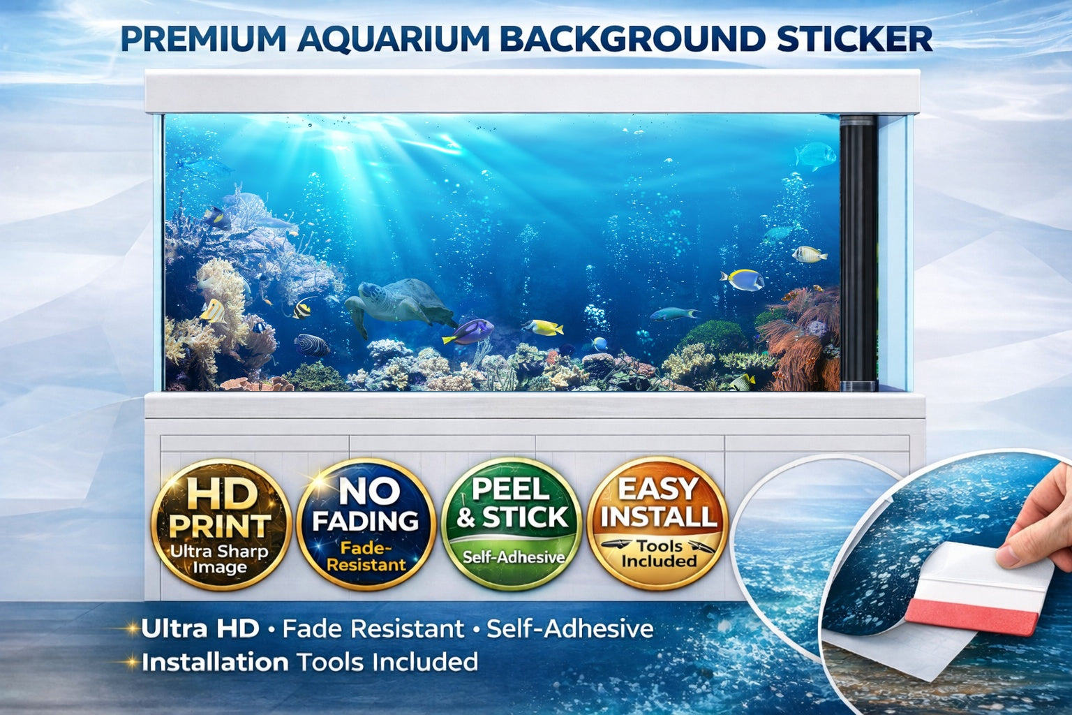 3D ocean coral reef aquarium background decal with sea turtle for fish tanks by Aquarium Backround Trung3D, realistic underwater scene