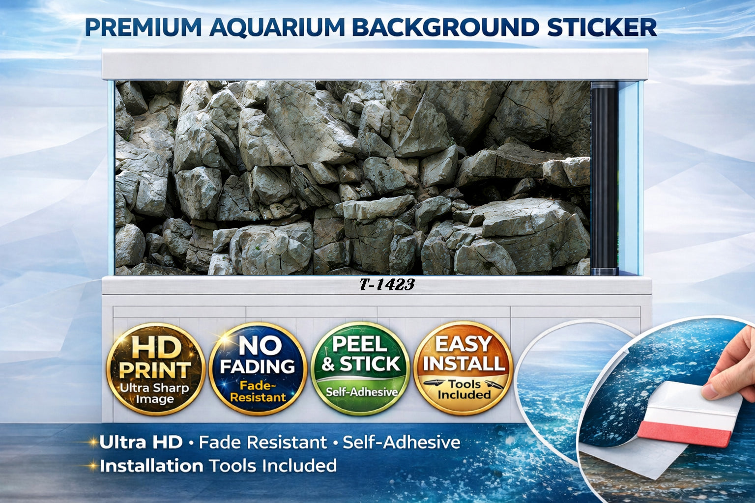 Realistic 3D natural rock wall aquarium background decal by Aquarium Background Trung3D, featuring stone texture and colors.