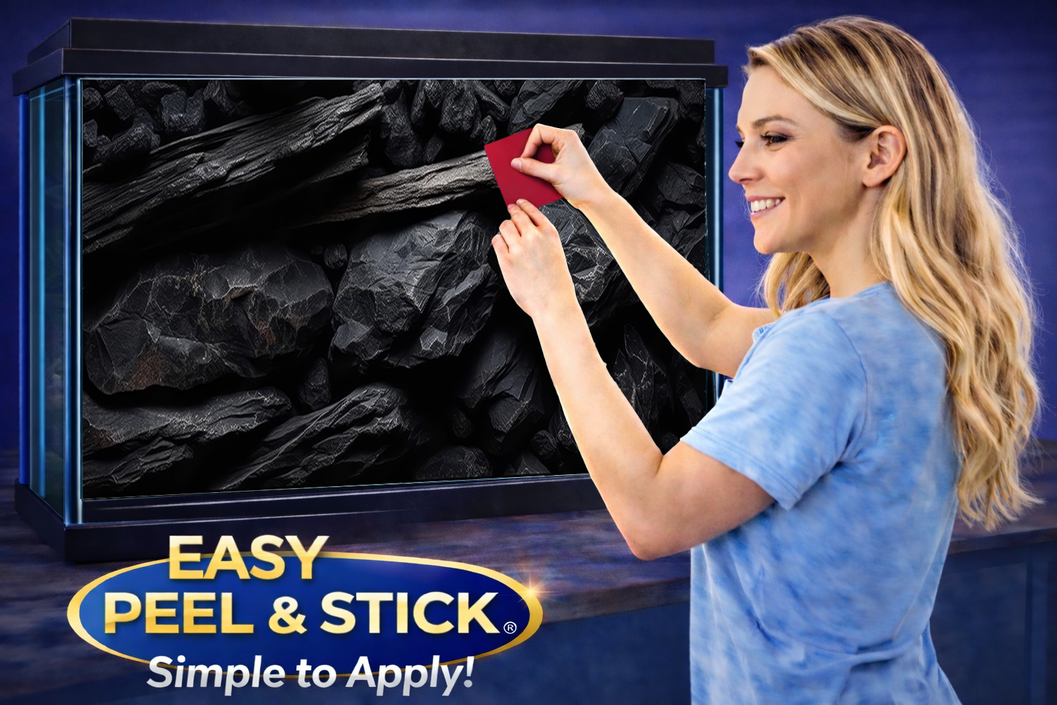 Premium black rock aquarium background sticker for fish tanks, featuring ultra HD design and self-adhesive backing.