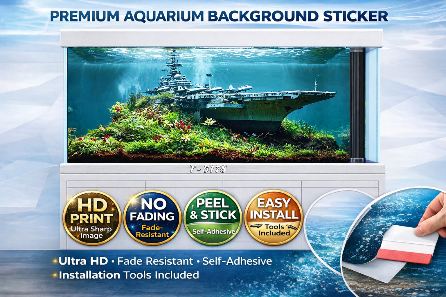 Premium Aquarium Background Sticker – Underwater Aircraft Carrier Scene - Aquarium Backround Trung3D