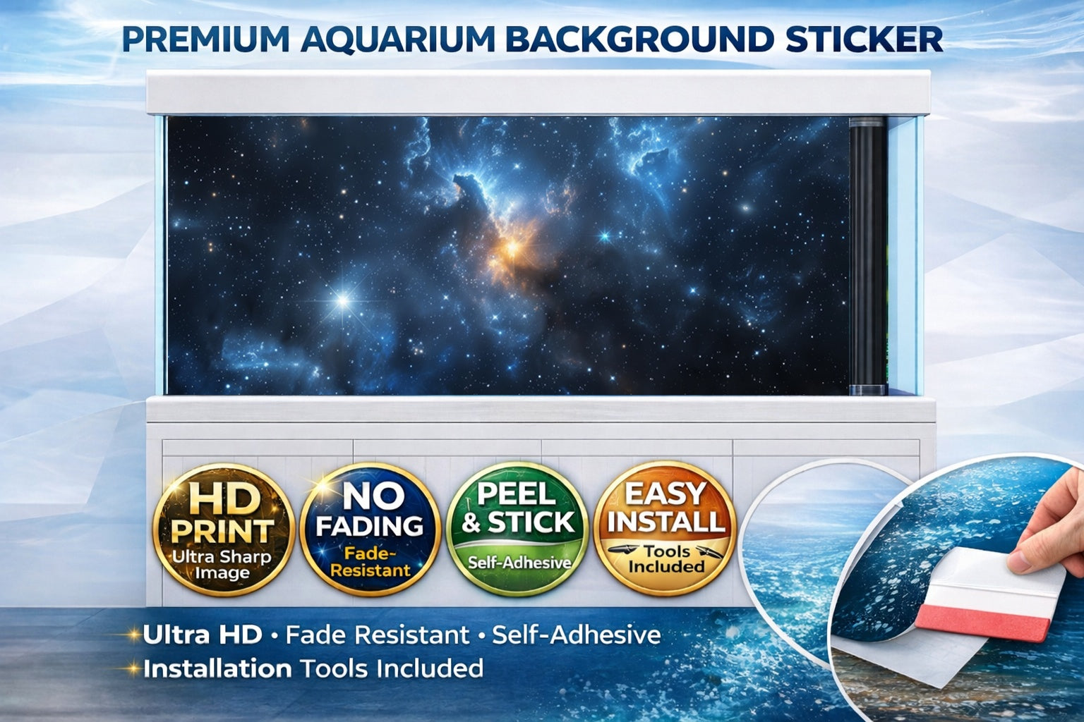 Blue galaxy aquarium background decal by Aquarium Backround Trung3D featuring space-themed fish tank wallpaper with HD galaxy design.