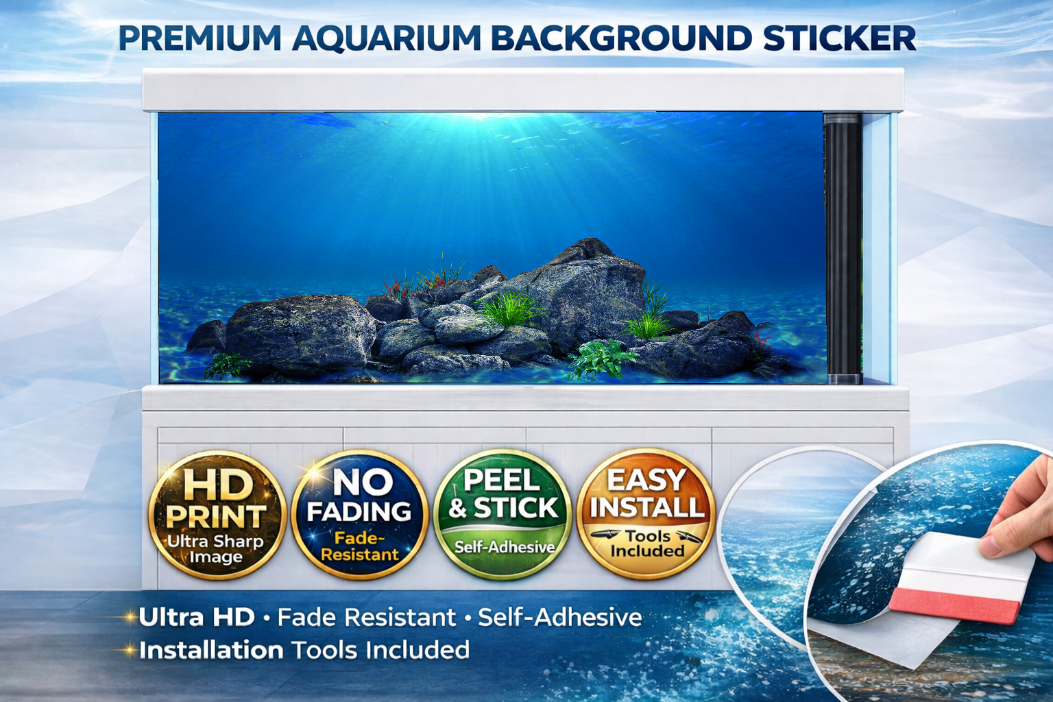 Deep blue aquarium background decal by Aquarium Backround Trung3D featuring underwater rocks and fish for realistic fish tank decor.