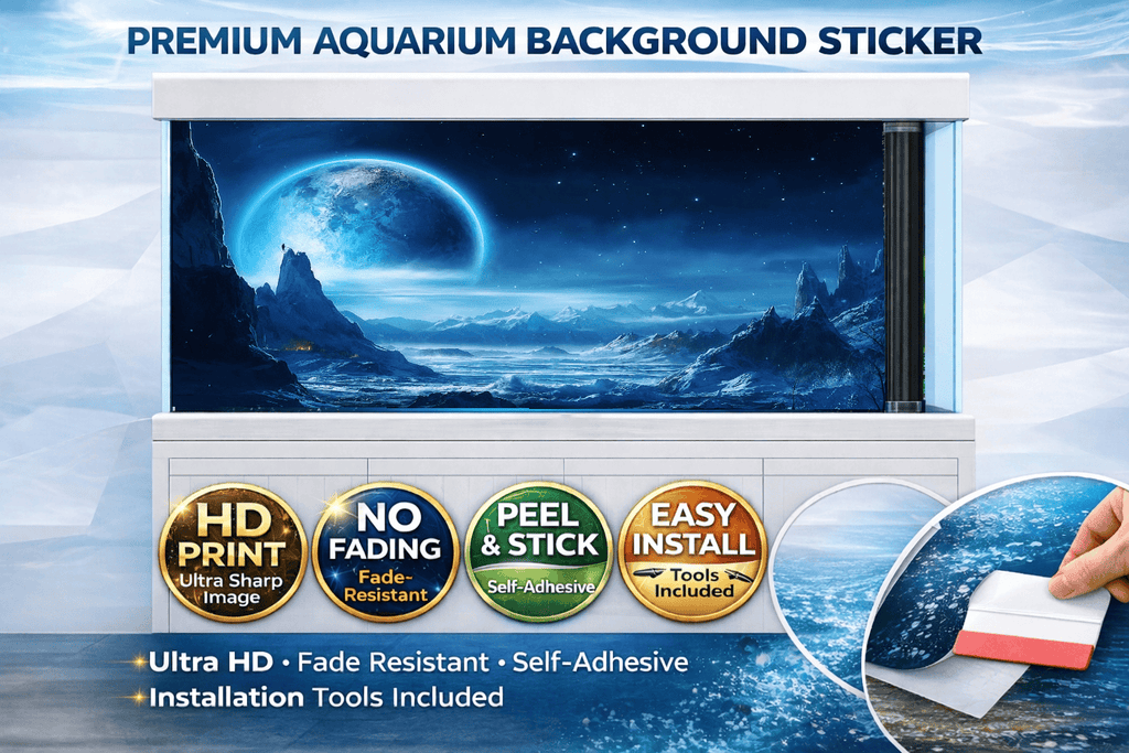 Blue space night aquarium background decal by Aquarium Background Trung3D, featuring a starry night sky scene for fish tanks.