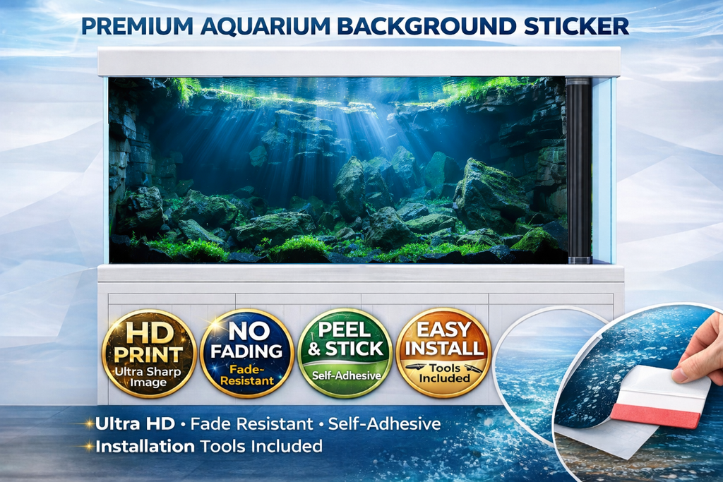 Emerald Ruins aquarium background sticker, 3D fish tank decal with lush underwater ruins scene for aquariums.