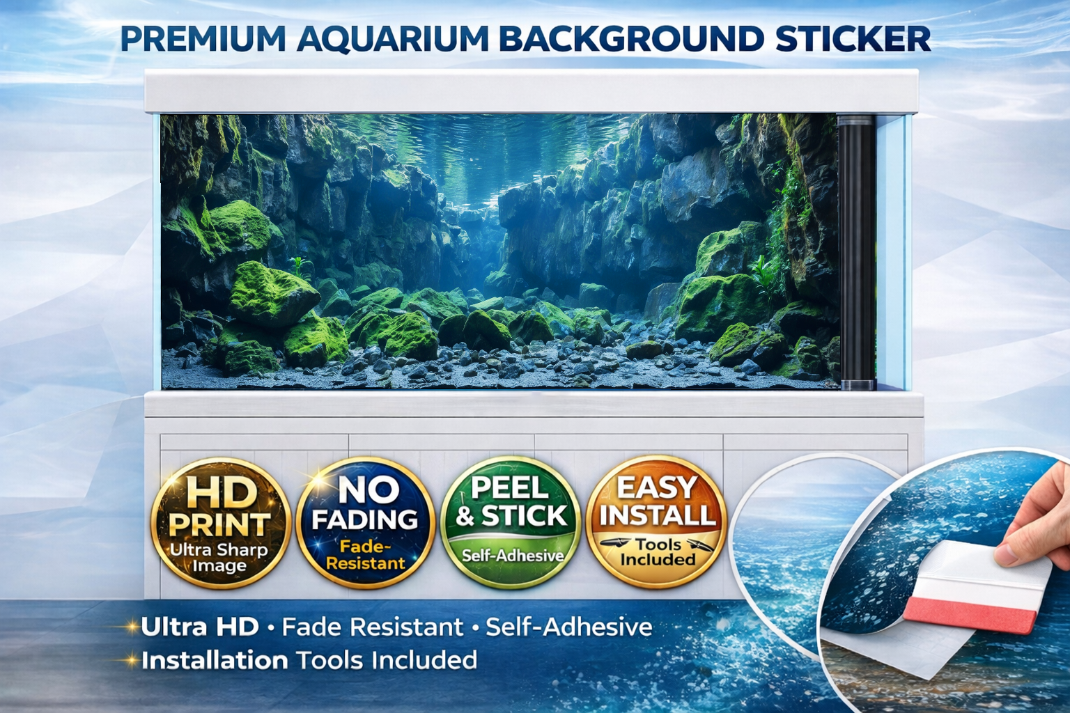 Emerald Canyon aquarium background decal featuring 3D fish tank backdrop peel and stick design by Aquarium Background Trung3D