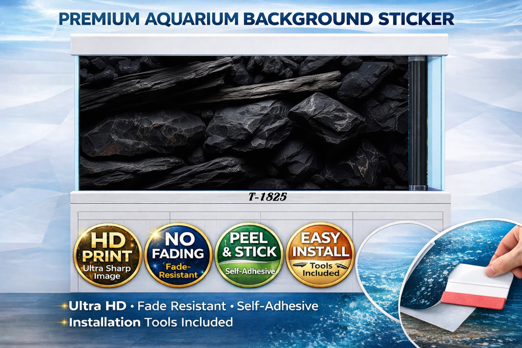 Premium black rock aquarium background sticker on a fish tank, featuring ultra HD design by Aquarium Background Trung3D.