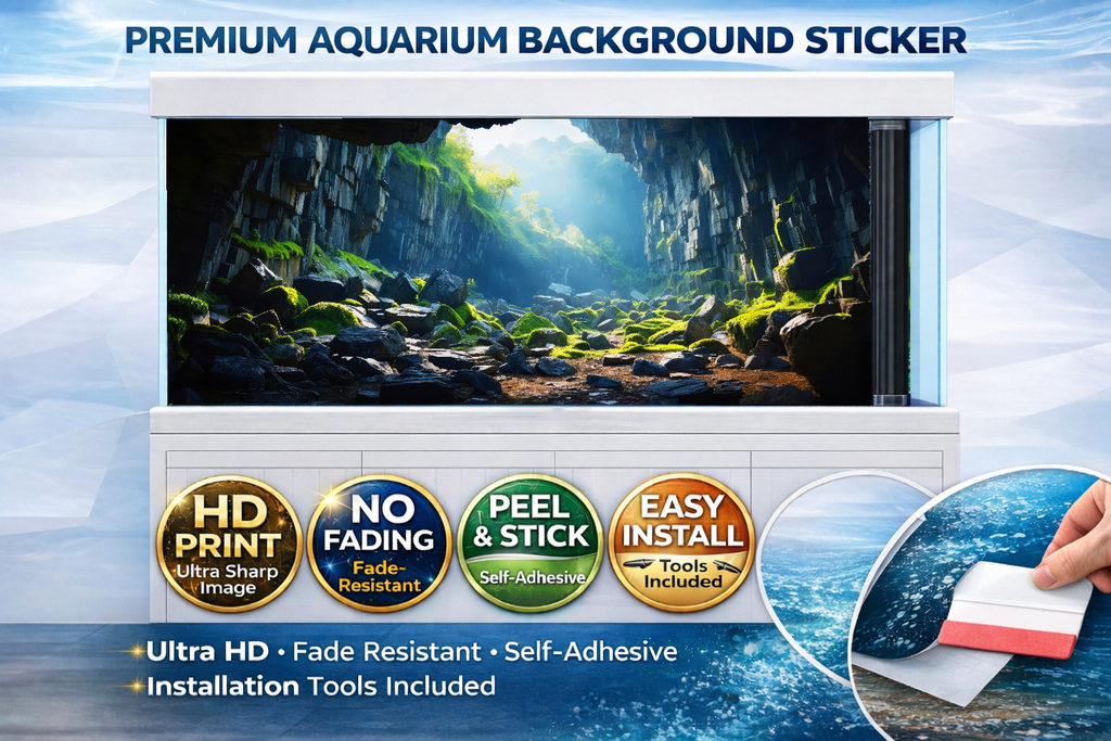 Sunlit emerald canyon aquarium background decal by Aquarium Backround Trung3D, featuring a vibrant 3D fish tank backdrop with lush canyon scenery.