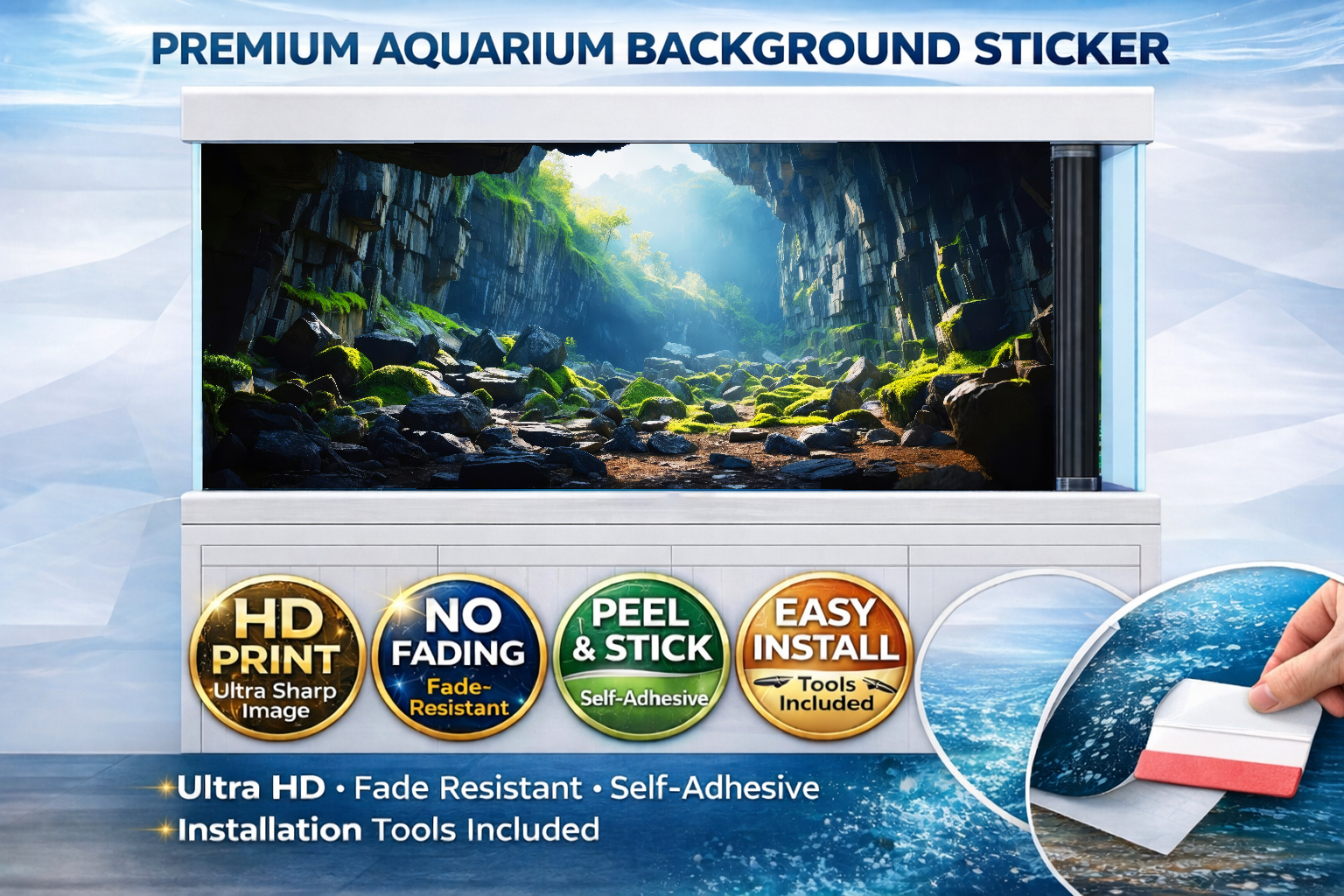 Sunlit emerald canyon aquarium background decal by Aquarium Backround Trung3D, featuring a vibrant 3D fish tank backdrop with lush canyon scenery.