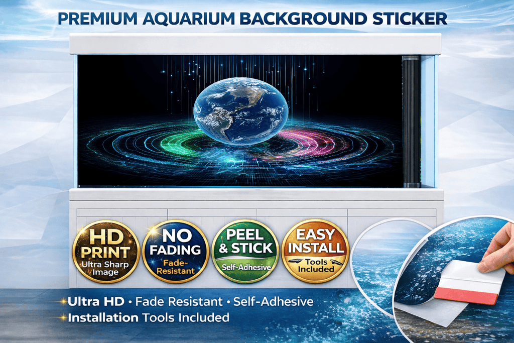 Futuristic Earth aquarium background decal with neon fish tank scenery, designed for ultra HD neon fish tank backdrop wallpaper.