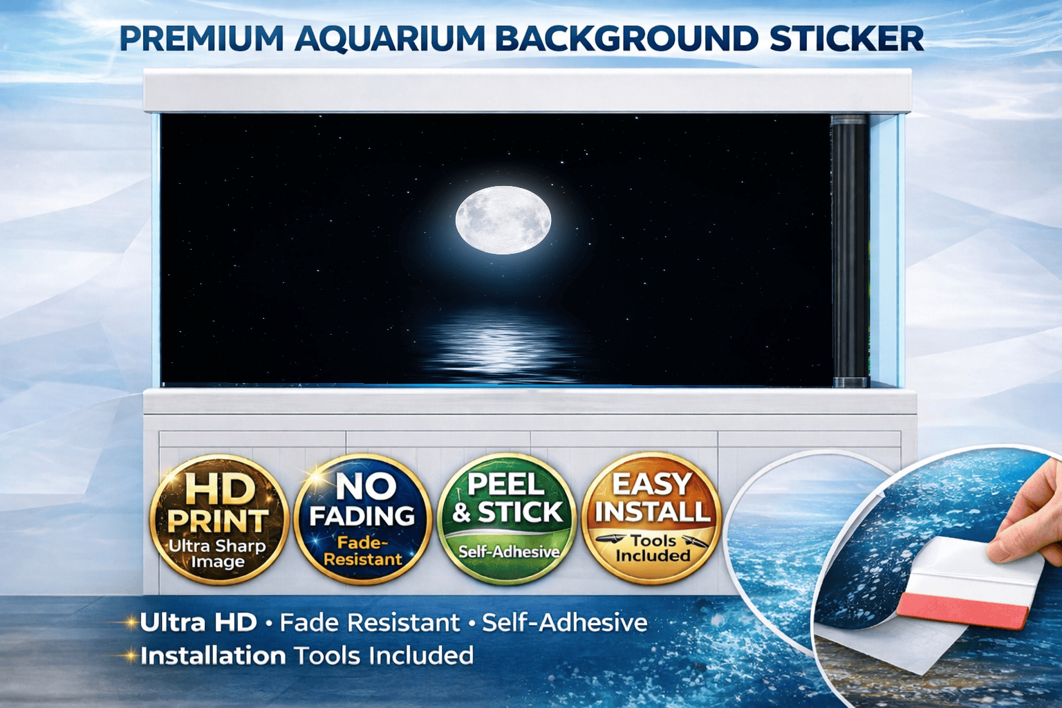 Moonlight ocean fish tank background decal by Aquarium Backround Trung3D, featuring vibrant underwater marine scene for aquariums.