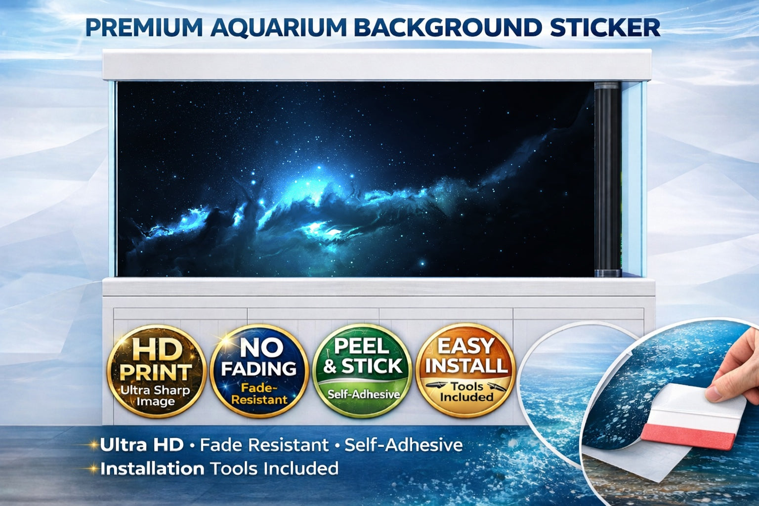 Blue Nebula aquarium background decal with cosmic fish and starry nebula design for 4K fish tank backdrop by Aquarium Background Trung3D