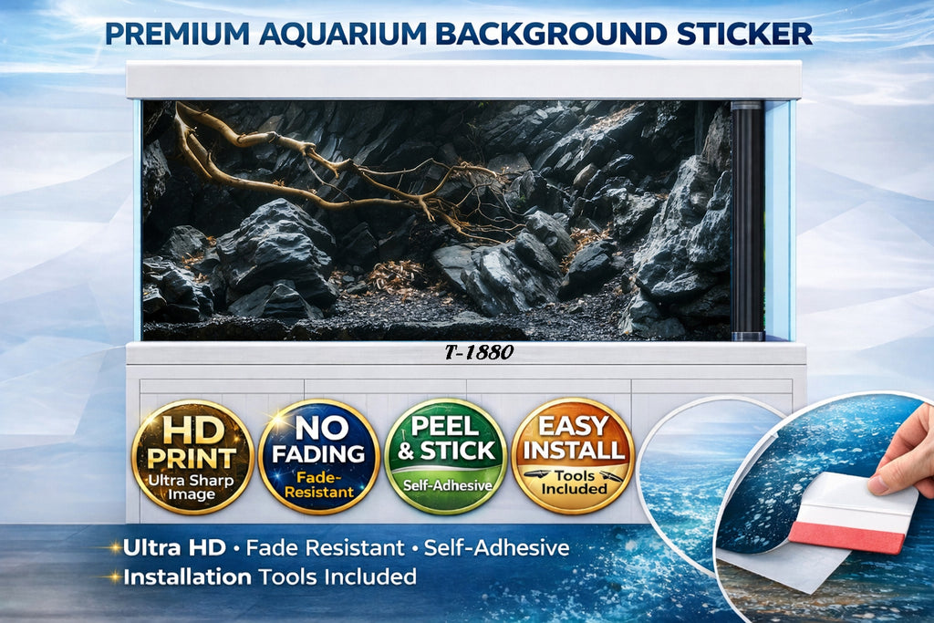 Natural rock and driftwood aquarium background sticker for fish tanks, featuring ultra HD design by Trung3D.