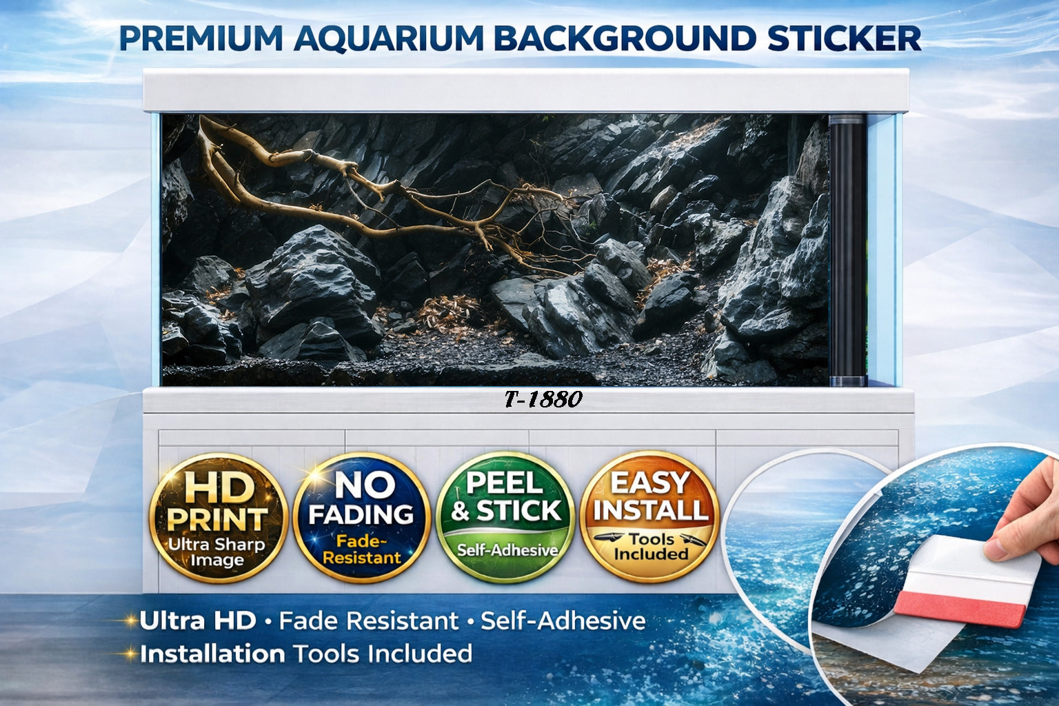 Natural rock and driftwood aquarium background sticker for fish tanks, featuring ultra HD design by Trung3D.