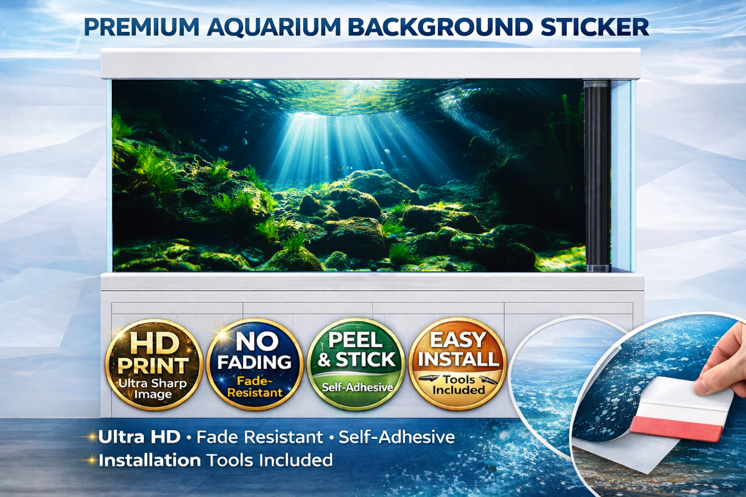 Sunlit moss reef aquarium background decal by Aquarium Backround Trung3D, featuring a 3D fish tank backdrop with vibrant moss and reef details.