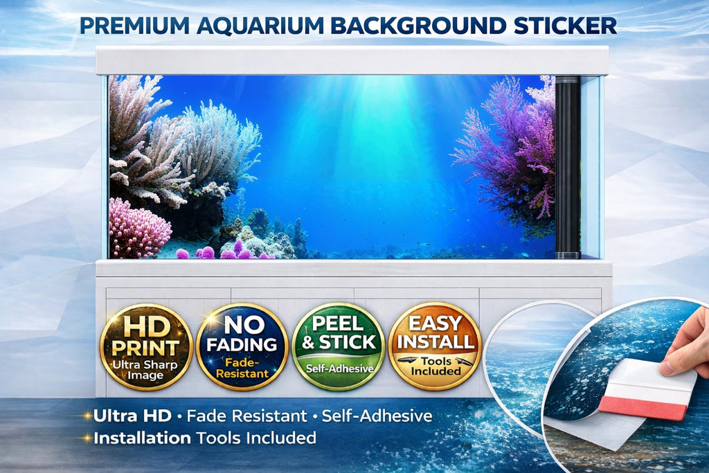 HD 3D coral reef aquarium background decal by Aquarium Backround Trung3D, featuring vibrant ocean fish and coral details.