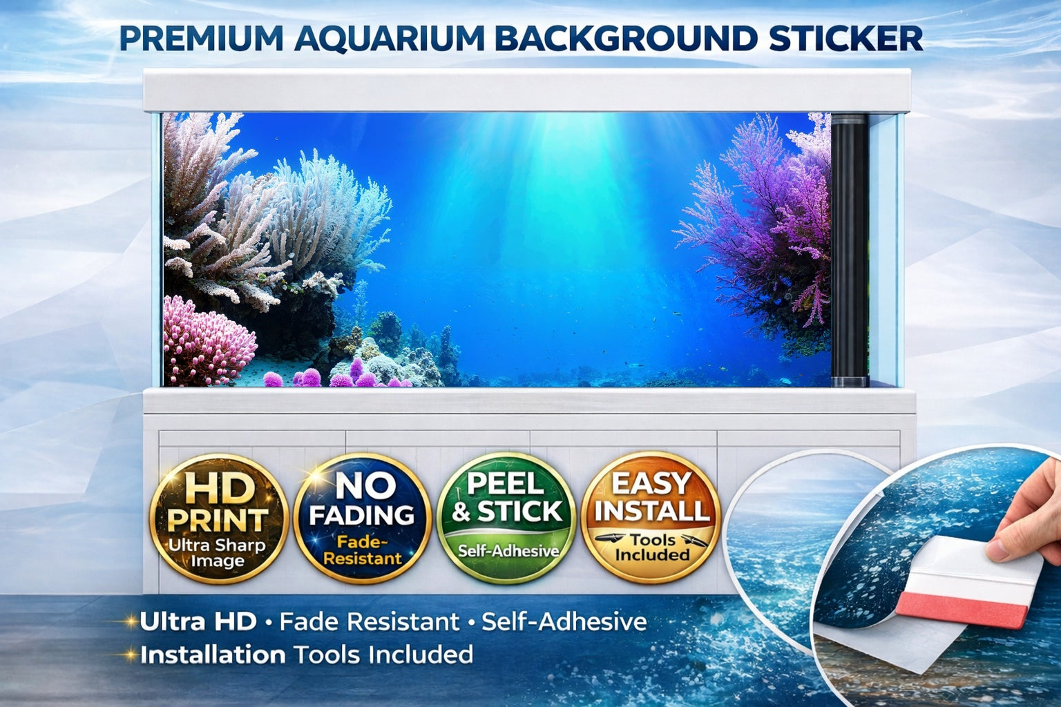 HD 3D coral reef aquarium background decal by Aquarium Backround Trung3D, featuring vibrant ocean fish and coral details.