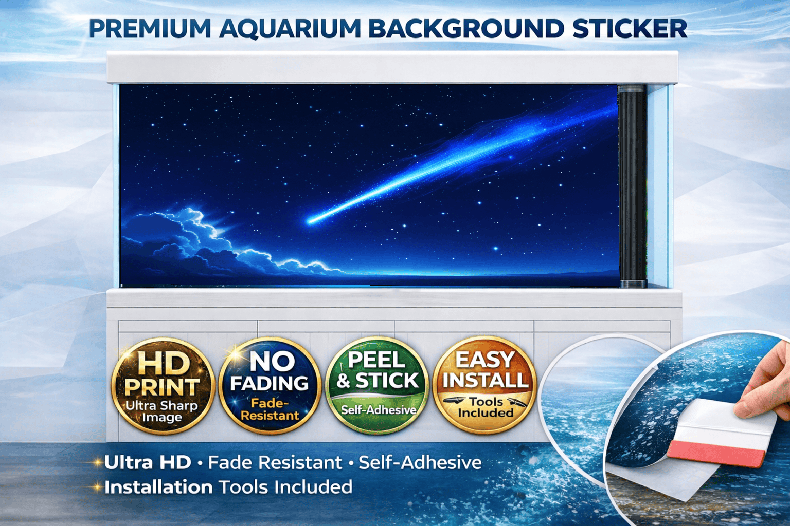 Blue Comet Fish Tank Background decal by Aquarium Background Trung3D featuring a vibrant night sky with stars for aquariums.