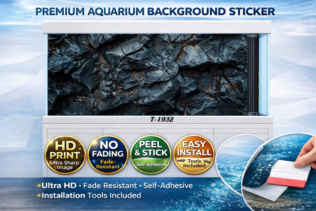3D cracked rock peel and stick decal for fish tank backgrounds by Aquarium Background Trung3D, showcasing realistic dark stone design.