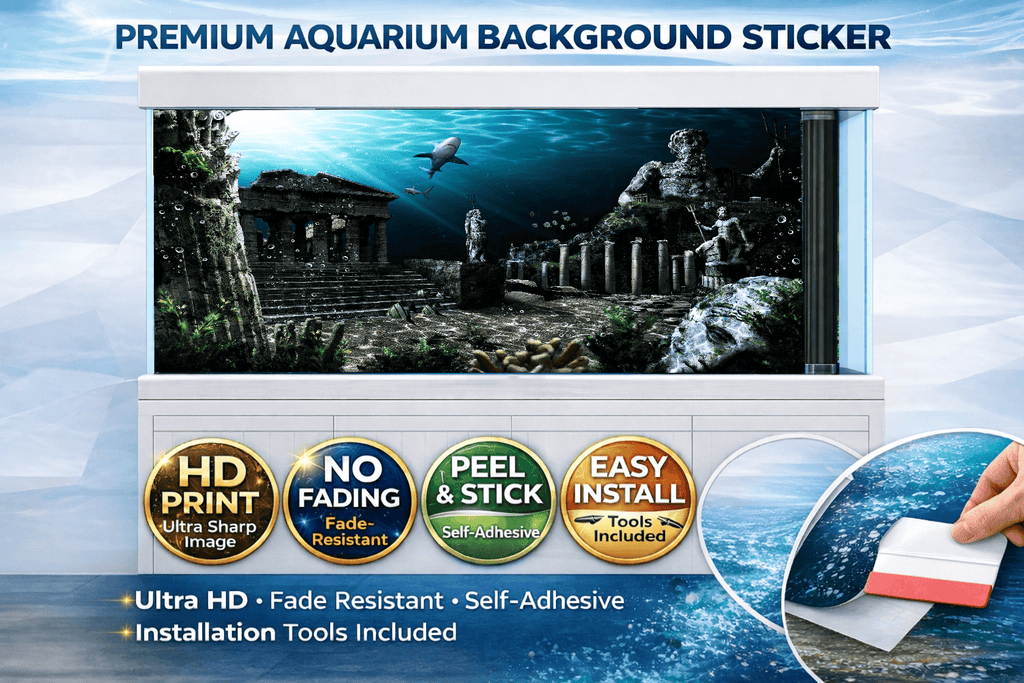Aquarium Backround Trung3D Atlantis Ruins underwater temple decal for fish tanks, detailed Ultra HD underwater scene backdrop.