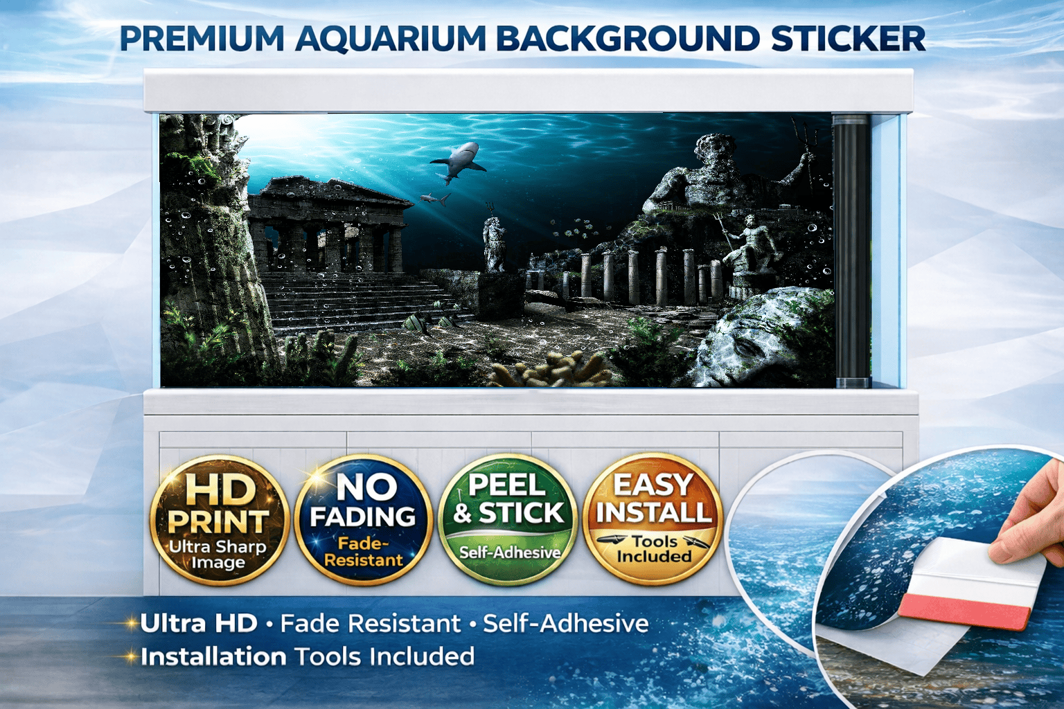 Aquarium Backround Trung3D Atlantis Ruins underwater temple decal for fish tanks, detailed Ultra HD underwater scene backdrop.