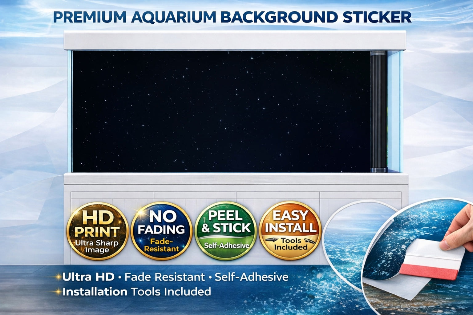Starry Night Aquarium Background Sticker by Aquarium Background Trung3D, 4K fish tank decal showing a night sky with stars and marine scenery.
