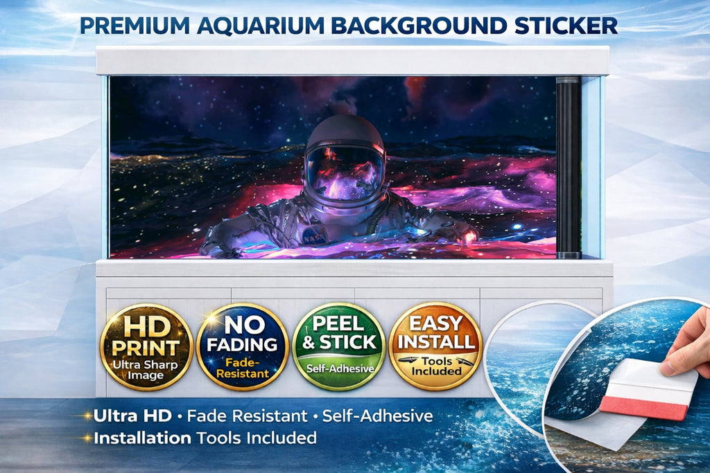 Astronaut galaxy aquarium background decal by Aquarium Background Trung3D, featuring space and galaxy designs for fish tanks.