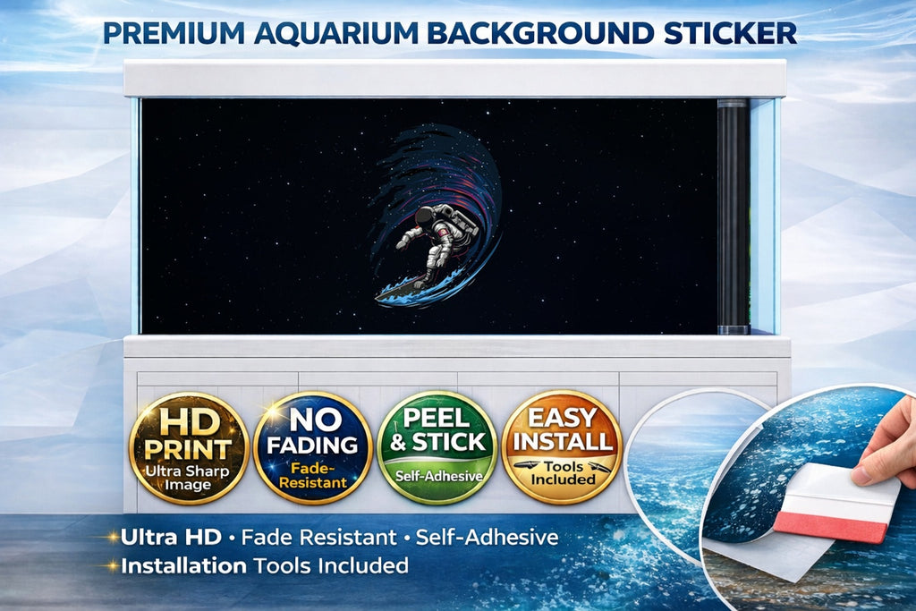 HD galaxy fish tank background decal featuring an astronaut space surf scene for aquarium decoration by Trung3D