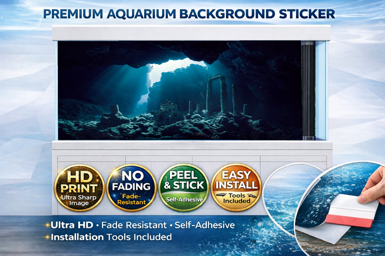 Ultra HD Atlantis aquarium background decal by Aquarium Background Trung3D, featuring vibrant underwater scene for fish tank decor.