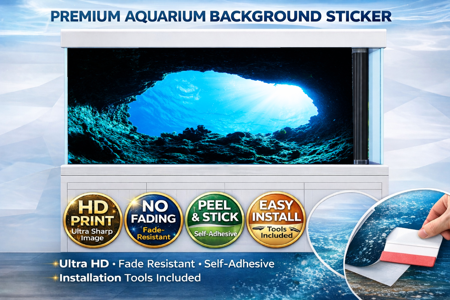 Ultra HD Ocean Cave aquarium background decal by Aquarium Background Trung3D, featuring realistic underwater cave scene for fish tanks.