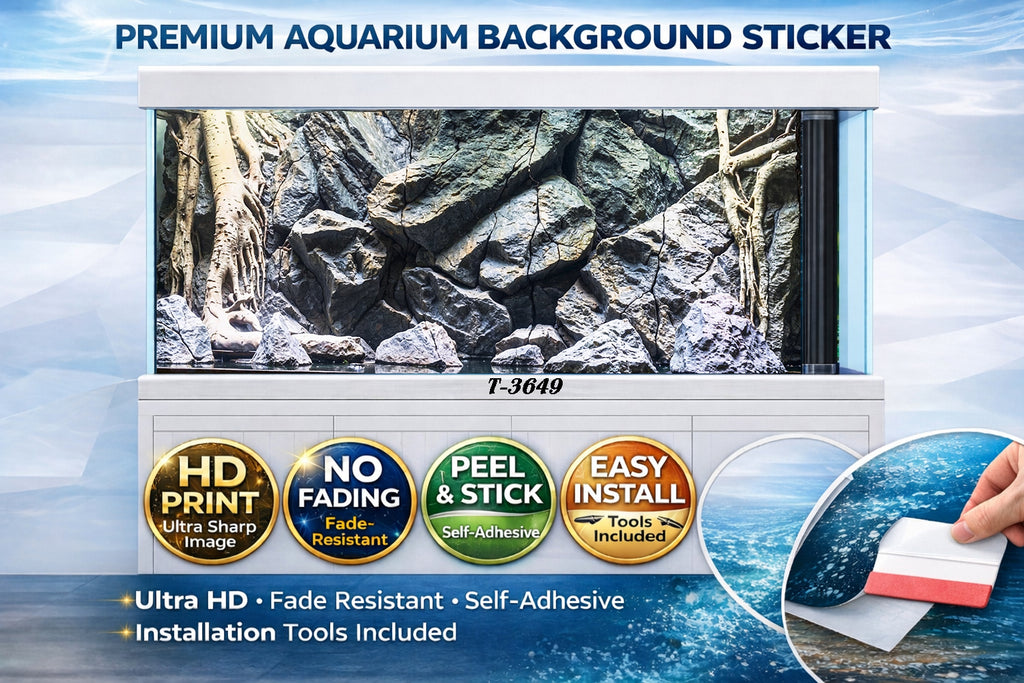 Realistic peel and stick aquarium background featuring rocks and roots for fish tanks by Aquarium Background Trung3D.