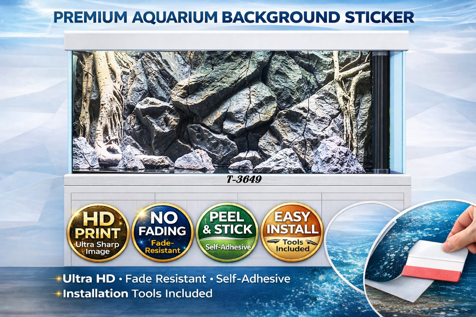 Realistic peel and stick aquarium background featuring rocks and roots for fish tanks by Aquarium Background Trung3D.