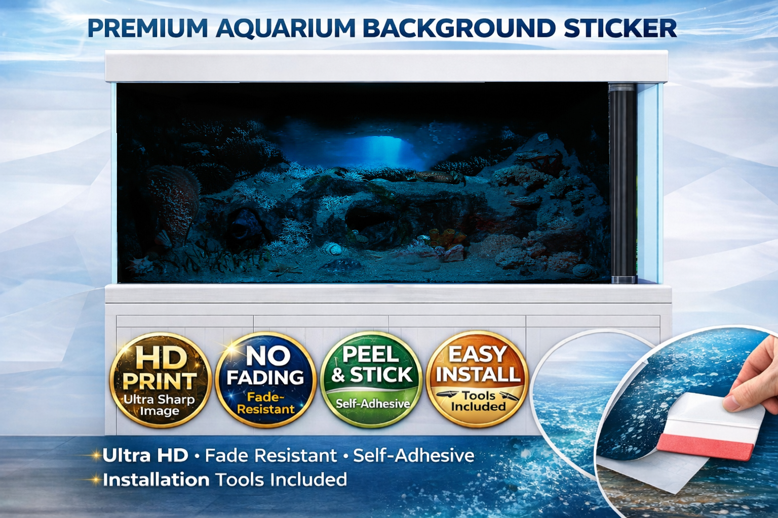 Ultra HD Sunbeam Cave aquarium background decal from Aquarium Backround Trung3D showing vibrant underwater cave scene for fish tanks