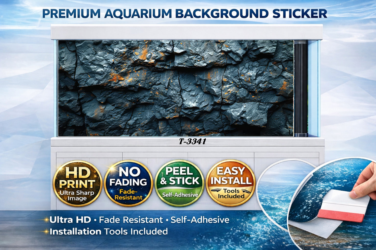 Ultra HD mineral rock aquarium background decal for fish tanks by Aquarium Background Trung3D, featuring realistic textures.