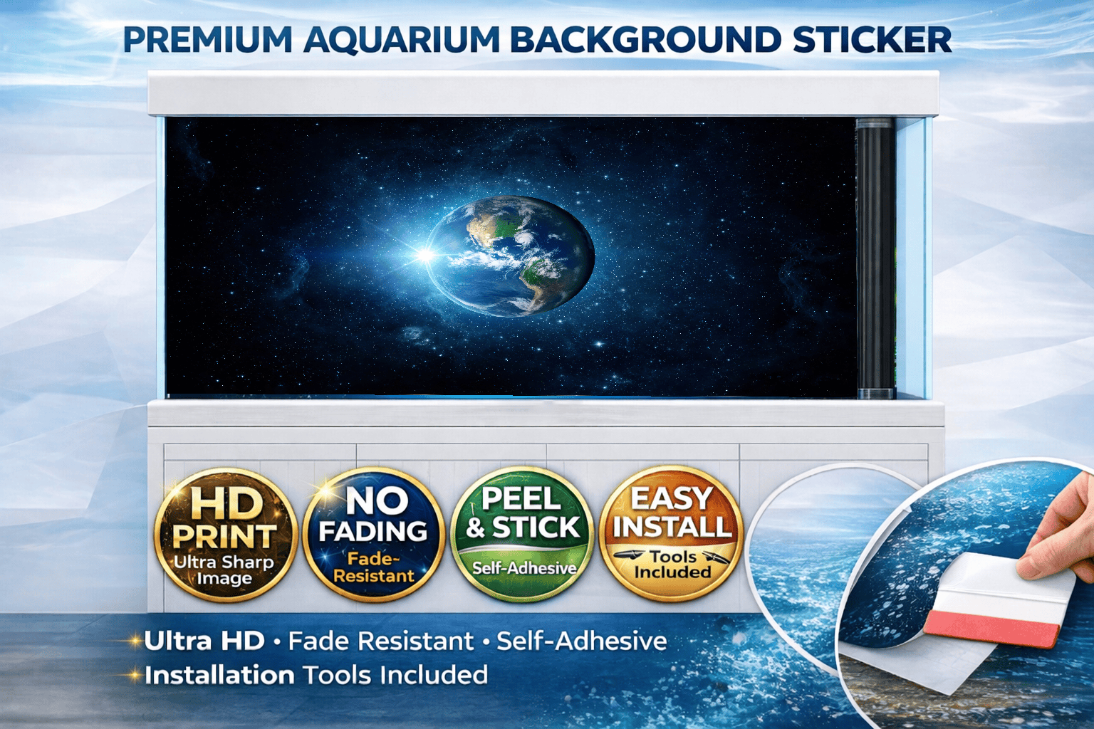 Cosmic Earth fish tank background decal by Aquarium Backround Trung3D featuring a galaxy and space scene for aquarium decor.