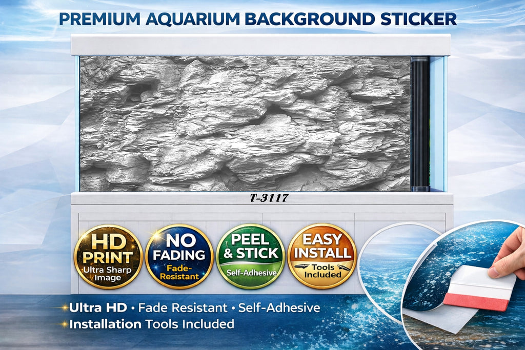 Premium white layered rock aquarium background sticker for fish tanks, featuring ultra HD detail and self-adhesive design.