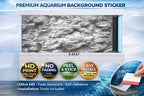 Premium white layered rock aquarium background sticker for fish tanks, featuring ultra HD detail and self-adhesive design.
