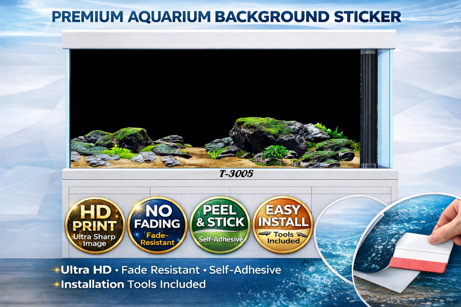 Premium solid black fish tank backdrop decal by Trung3D, featuring a minimalist design for aquariums.