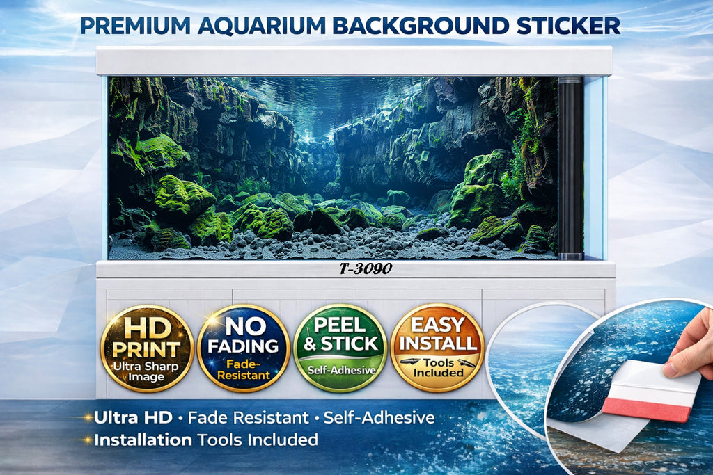 Ultra HD underwater canyon aquarium background sticker for fish tanks, featuring vibrant colors and detailed scenery.