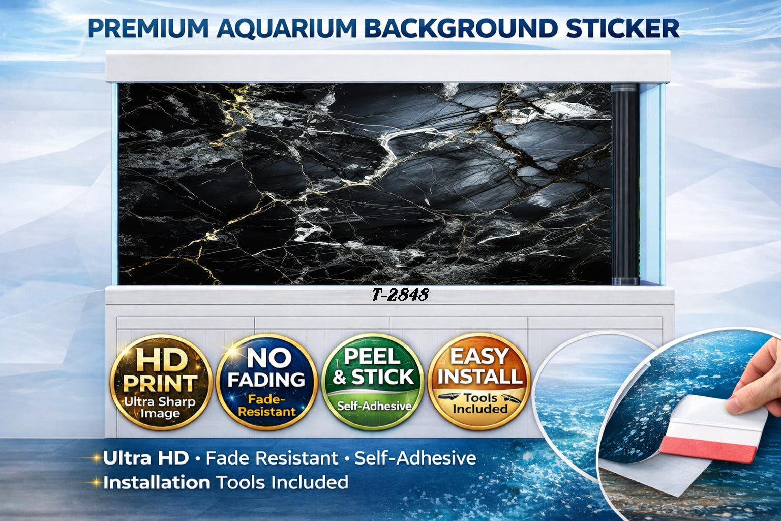 Realistic black marble stone decal for aquarium background, peel and stick design from Aquarium Background Trung3D.