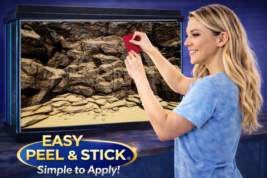 Natural sandstone rock cliff aquarium background sticker for fish tanks, featuring ultra HD detail and self-adhesive design.
