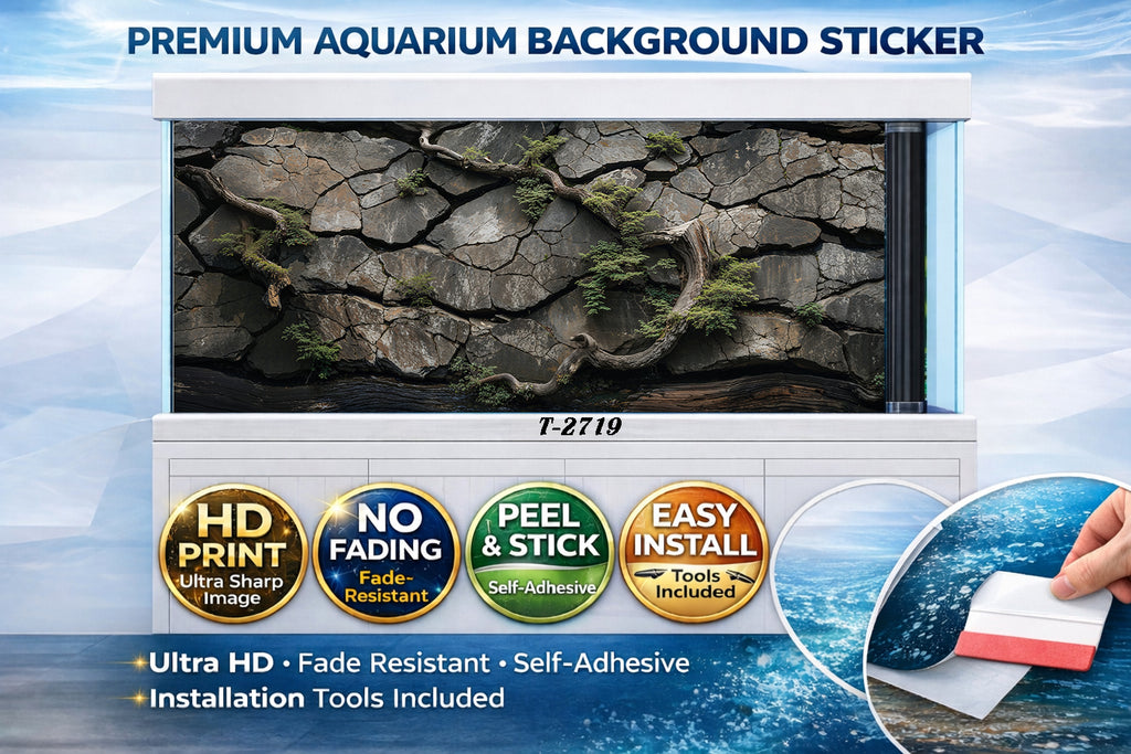 Ultra HD natural rock wall aquarium background sticker with roots, ideal for fish tank decor by Aquarium Background Trung3D.